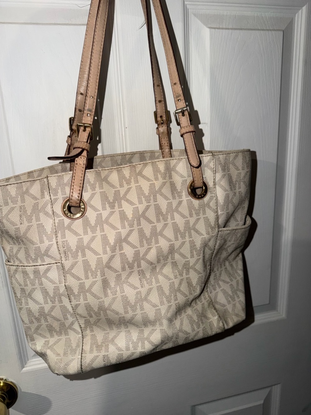 Michael Kors Light Beige Signature MK Tote with Pale Pink Straps